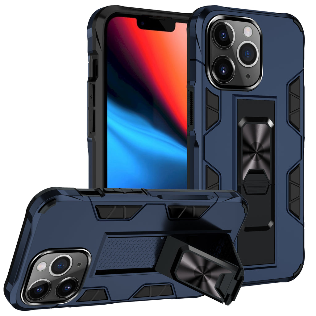 GritCase heavy duty magnetic armor case for iPhone 13 Pro Max in navy blue, front view with kickstand