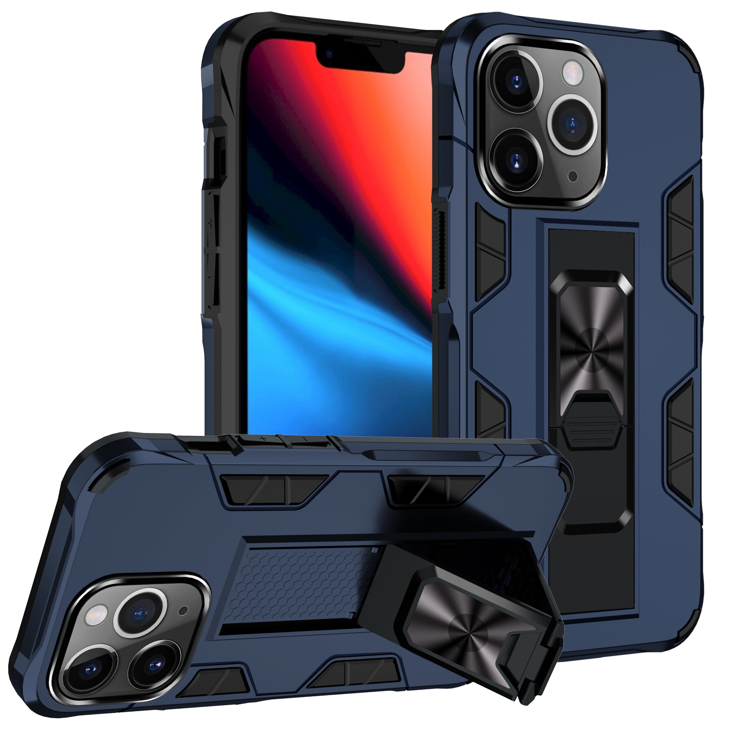 GritCase heavy duty magnetic armor case for iPhone 13 Pro Max in navy blue, front view with kickstand