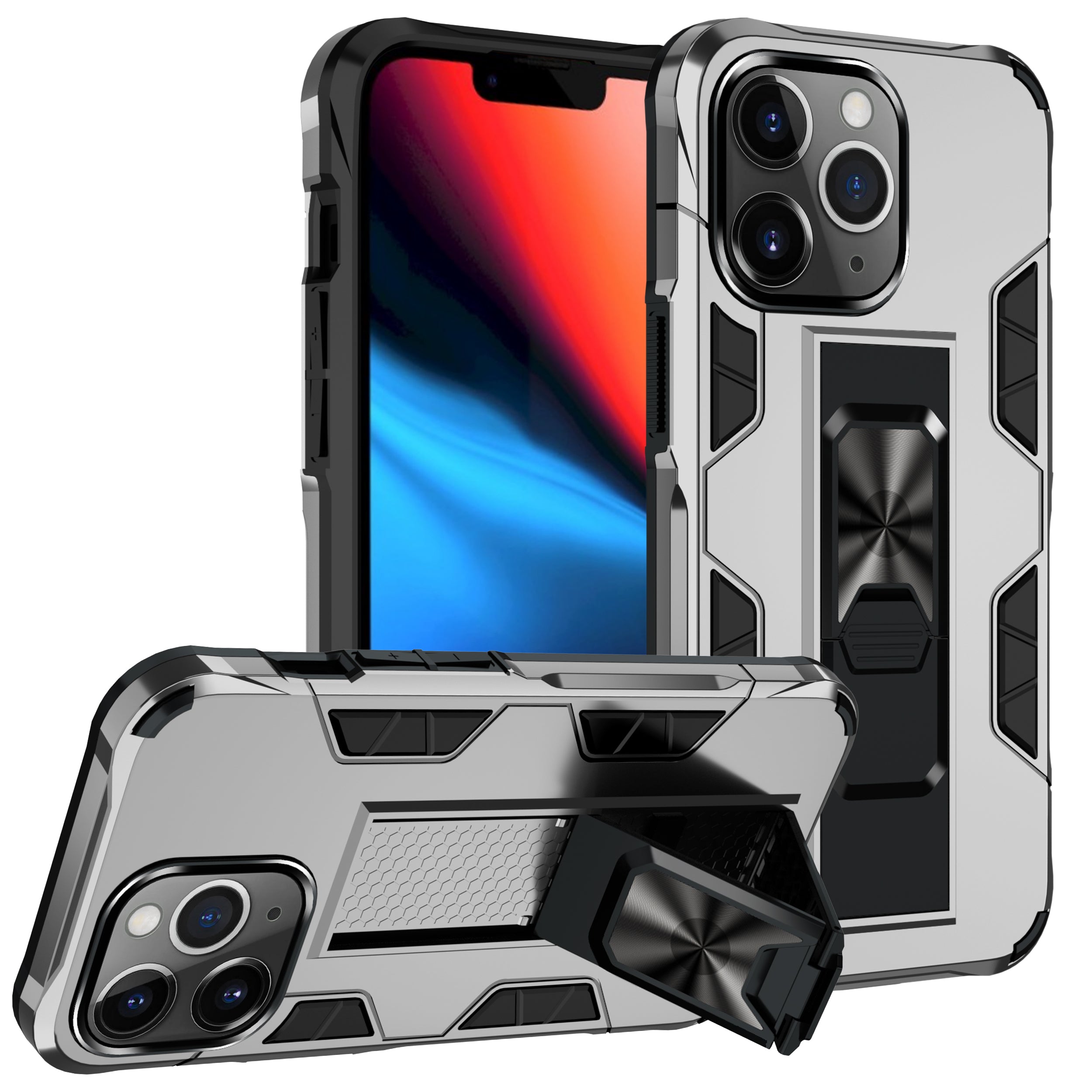 GritCase heavy duty magnetic armor case for iPhone 13 Pro Max in silver, front view with kickstand