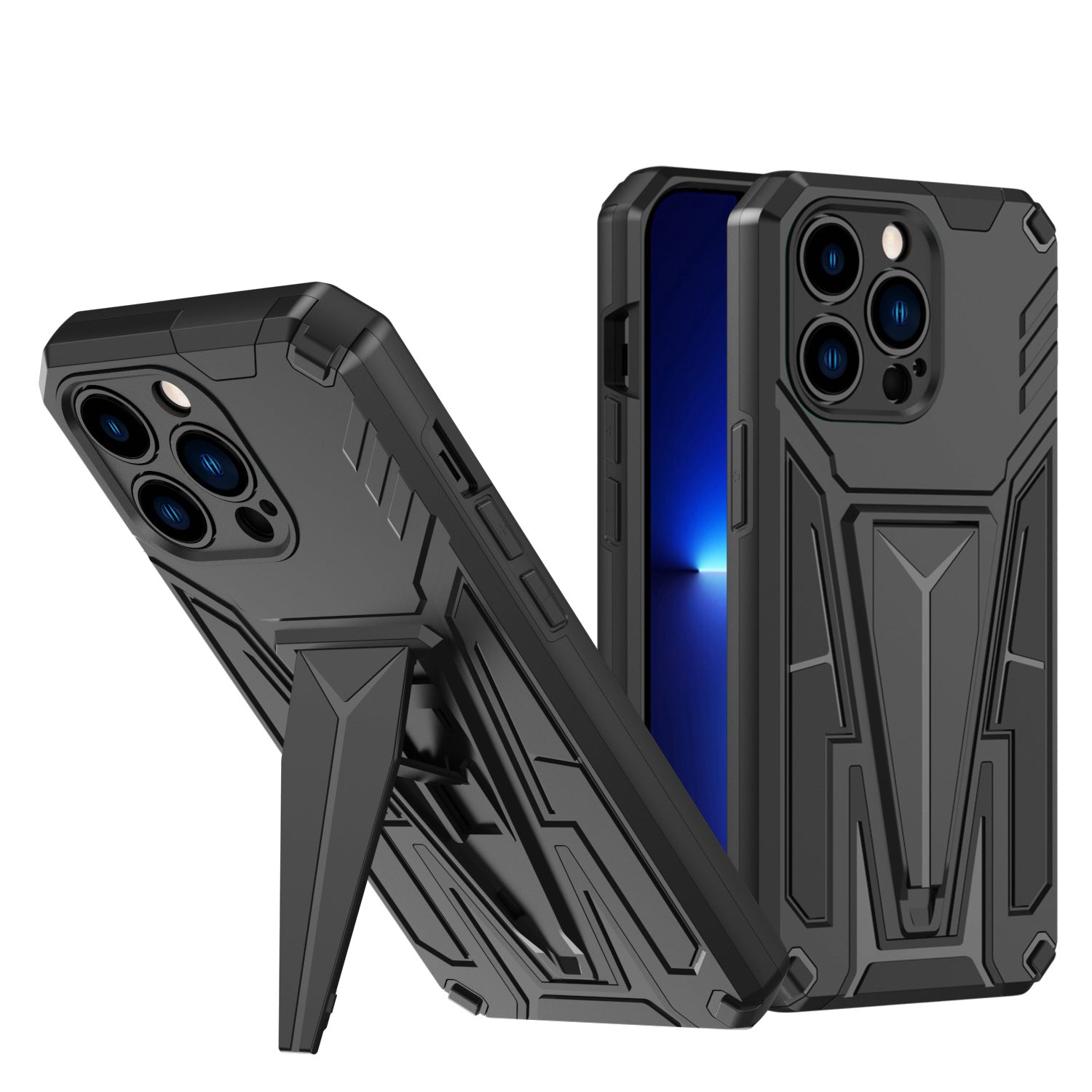 GritCase shockproof armor case for iPhone 13 Pro in black, front view with kickstand