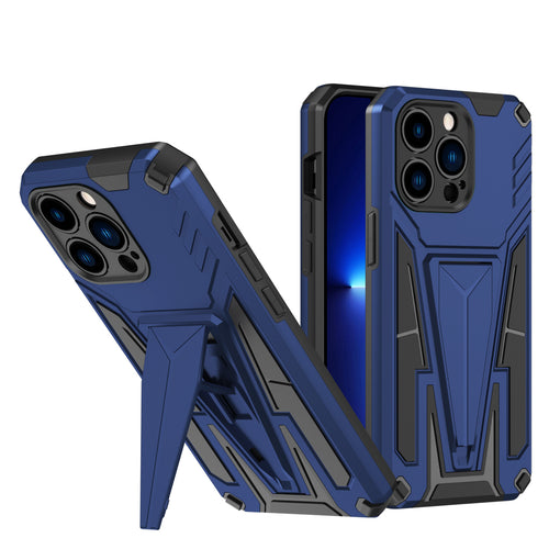 GritCase shockproof armor case for iPhone 13 Pro in navy blue, front view with kickstand
