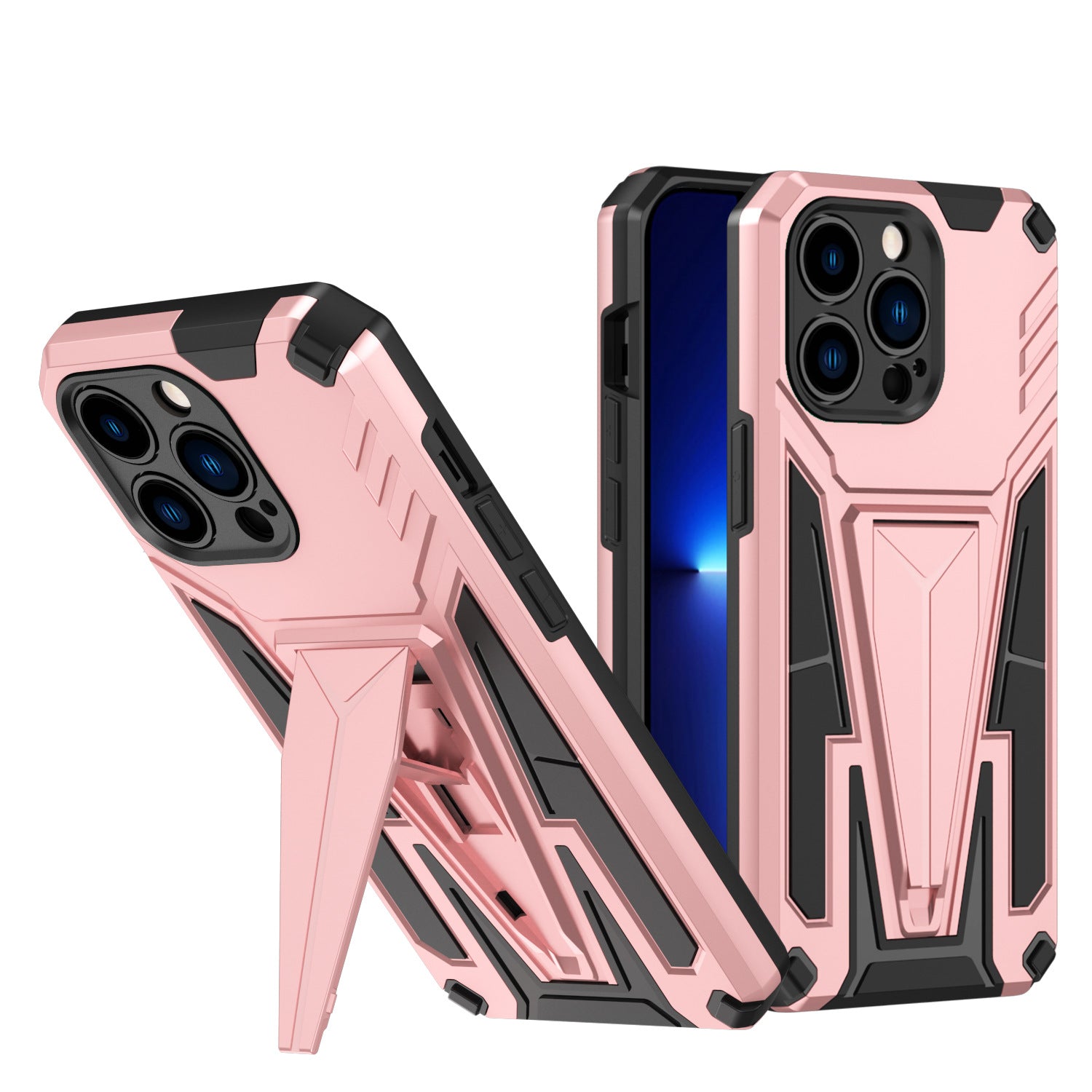 GritCase shockproof armor case for iPhone 13 Pro in rose gold, front view with kickstand