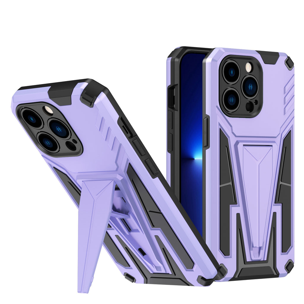 GritCase shockproof armor case for iPhone 13 Pro in purple, front view with kickstand