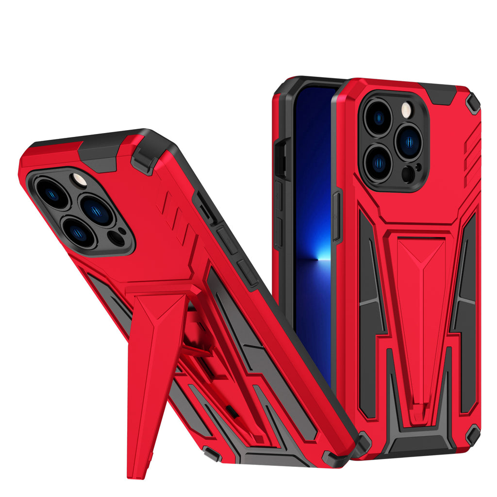 GritCase shockproof armor case for iPhone 13 Pro in red, front view with kickstand